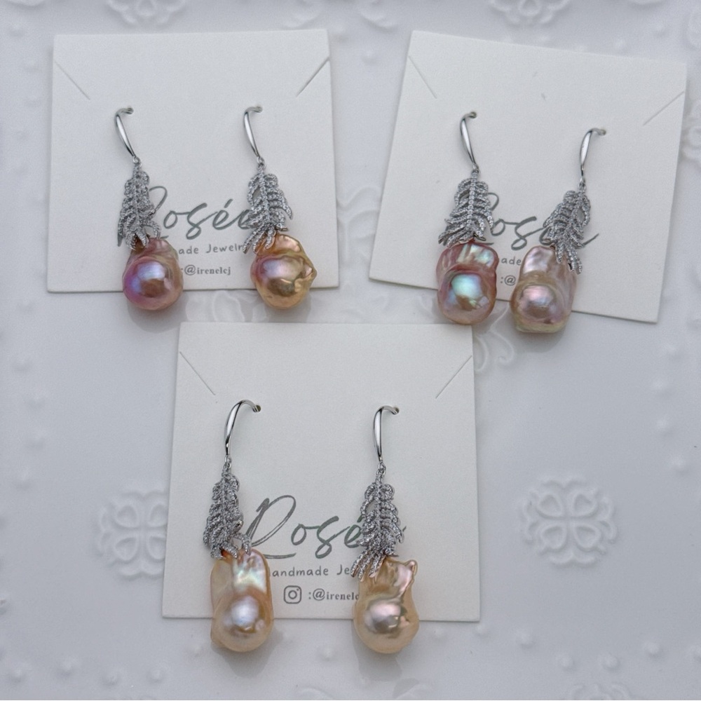E107 S925 High quality Freshwater Flame Ball Baroque Pearl Earrings